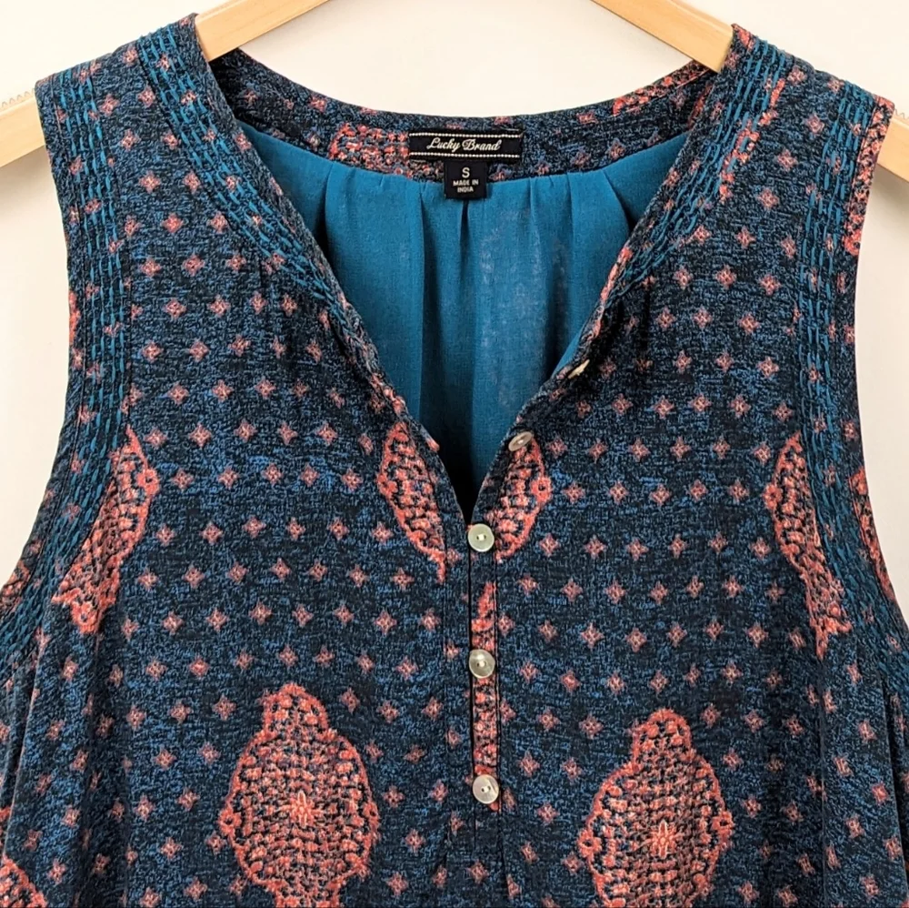Lucky Brand Tank Dress Drawstring Waist Button Front Medallion Print Blue Pink S